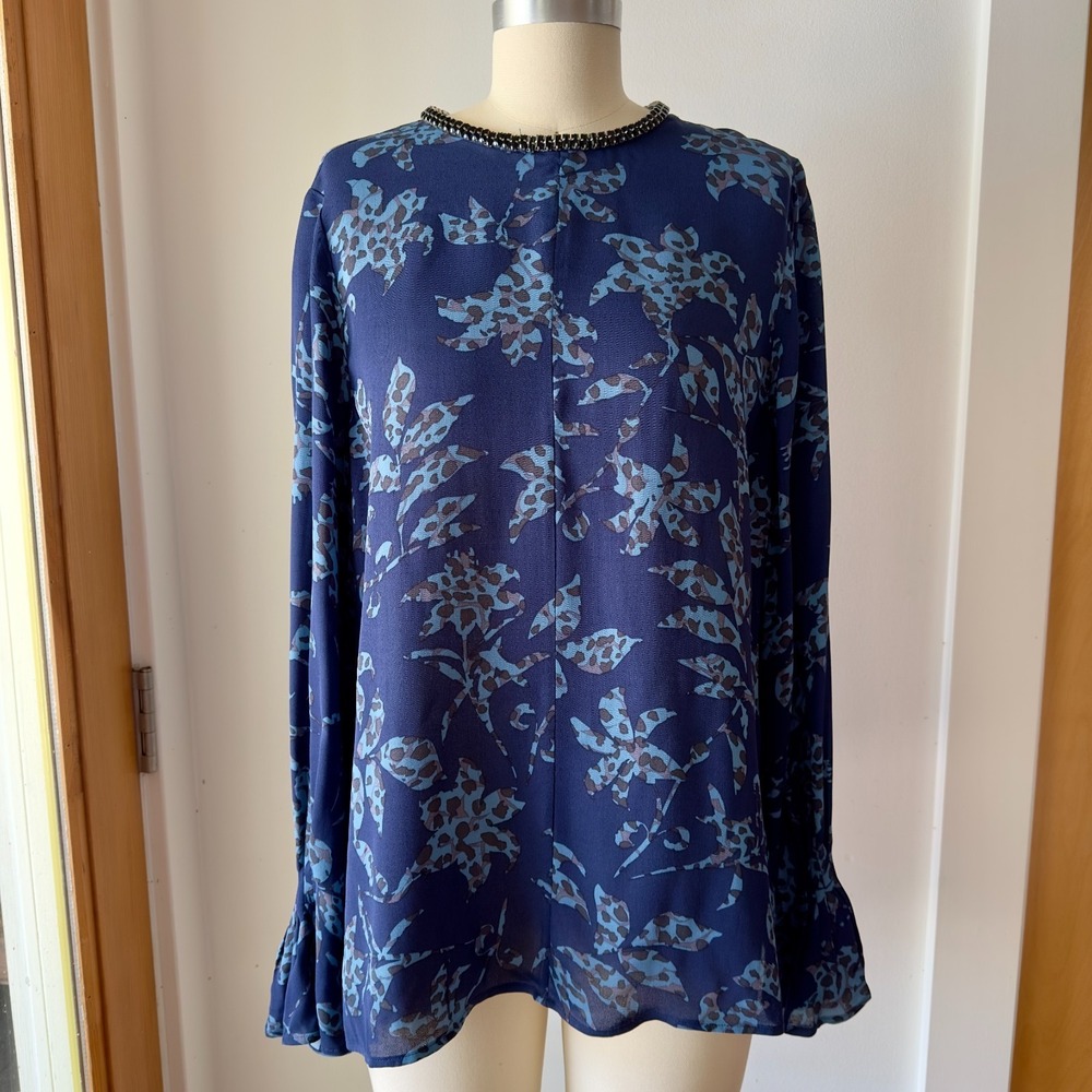 REISS Marina Melody Blue Print Top-Beaded Neckline-Blue Floral Bouse-Sz 6 *Read*
